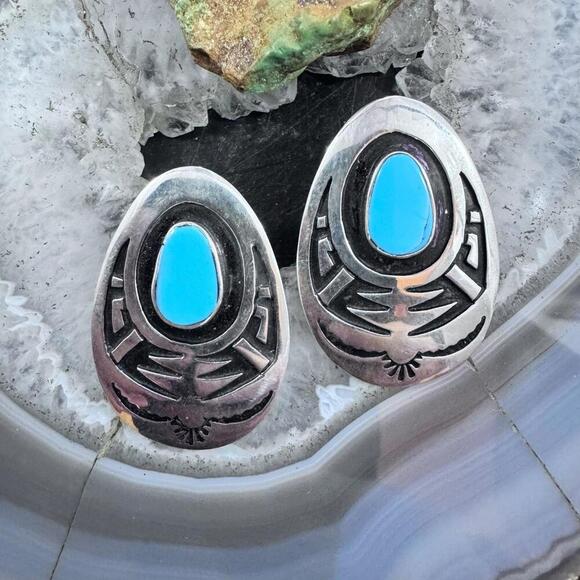 Abraham Begay Native American Sterling Silver Turquoise Overlay Post Earrings - Picture 1 of 10